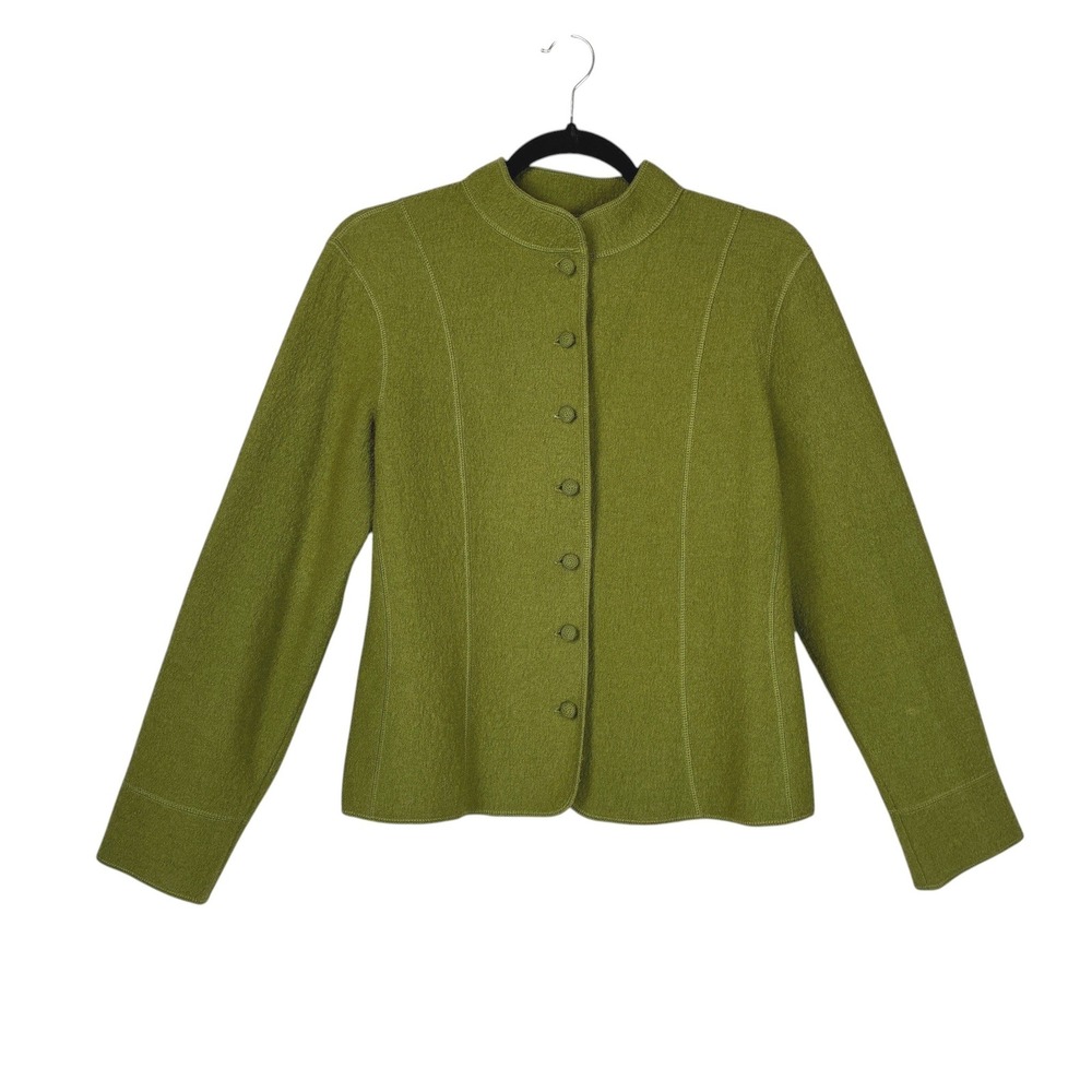 Talbots Boiled Wool Mandarin Collar Button Front Cardigan Jacket Size 8 Green